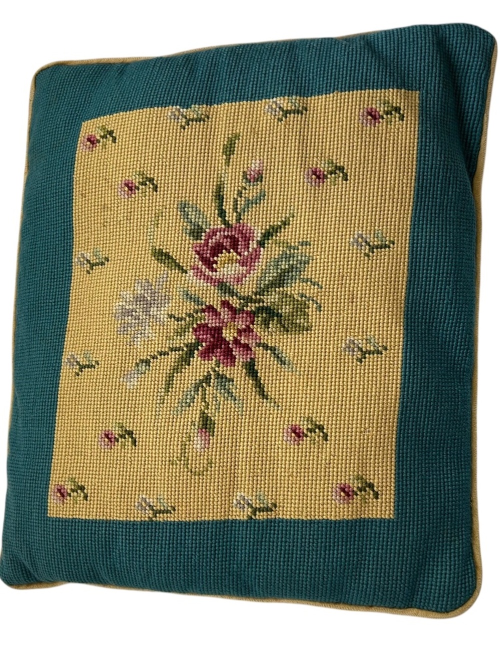 antique Vintage Needlepoint teal red pink flowers accent velvet backed pillow